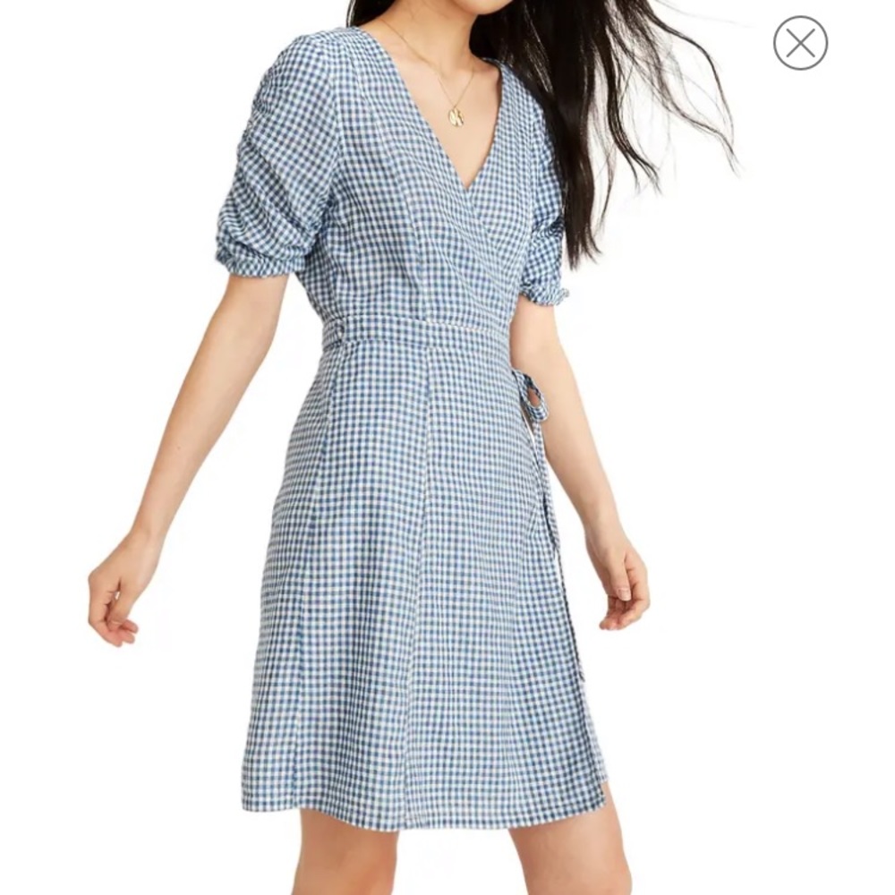 Madewell Gingham Shirred-Sleeve Wrap Dress